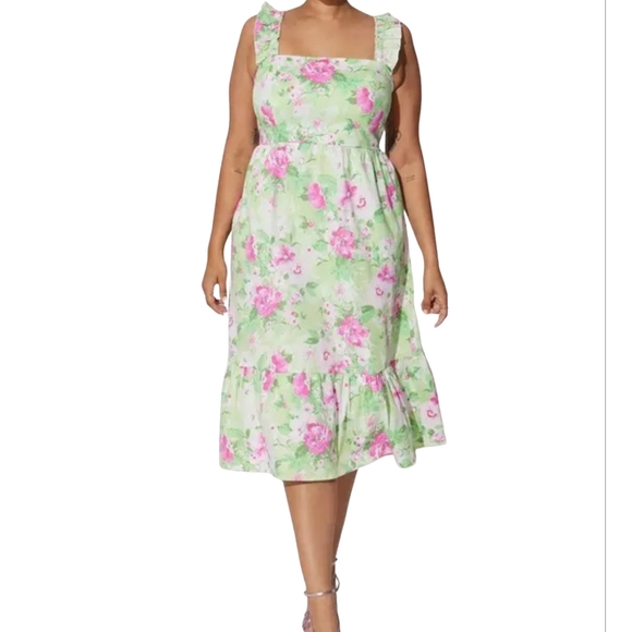 TORRID Pink/Green MultiColor Floral Ruffle Strap Sundress,Size 0 (Large 12) - Picture 13 of 16